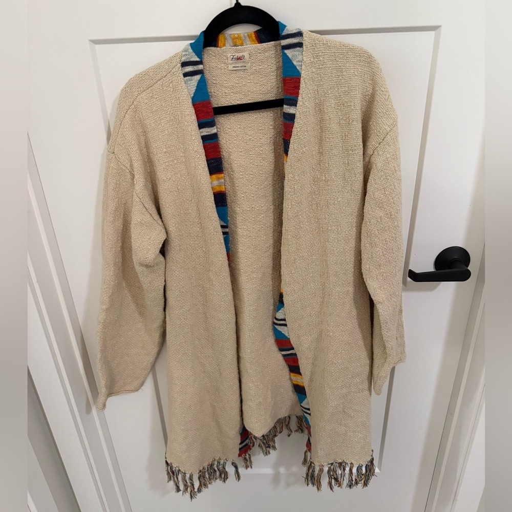 Faherty 100% Organic Cotton Boho Knit Cardigan Wrap Fringe Sweater Belted